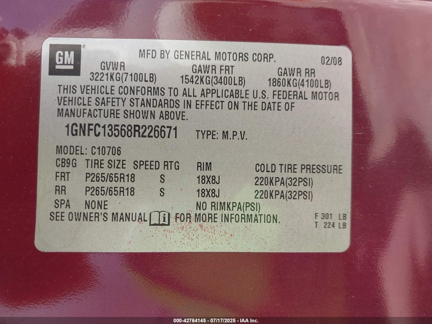 2008 Chevrolet Tahoe Hybrid VIN: 1GNFC13568R226671 Lot: 42764145