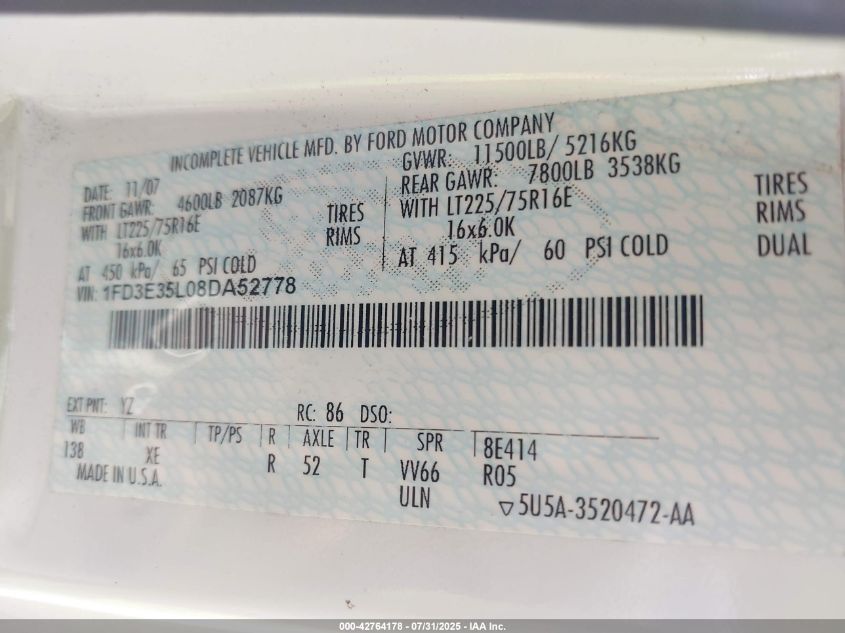 2008 Ford E-350 Cutaway VIN: 1FD3E35L08DA52778 Lot: 42764178