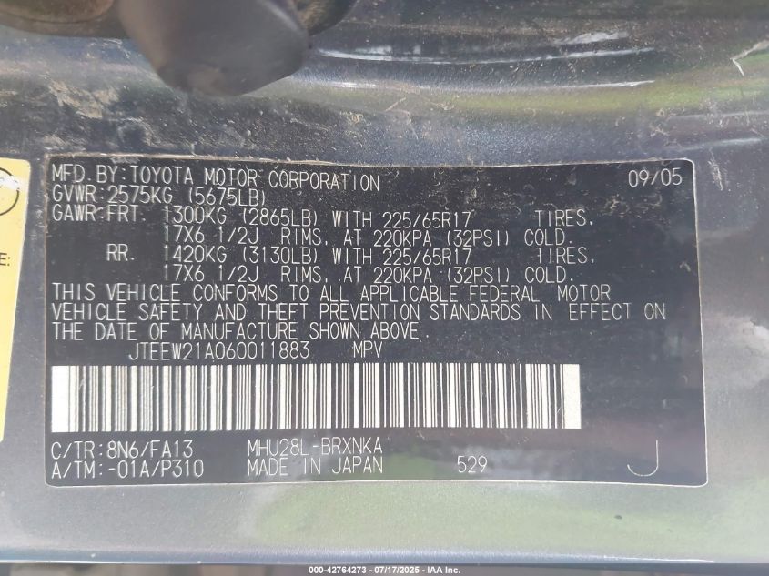 2006 Toyota Highlander Hybrid V6 VIN: JTEEW21A060011883 Lot: 42764273