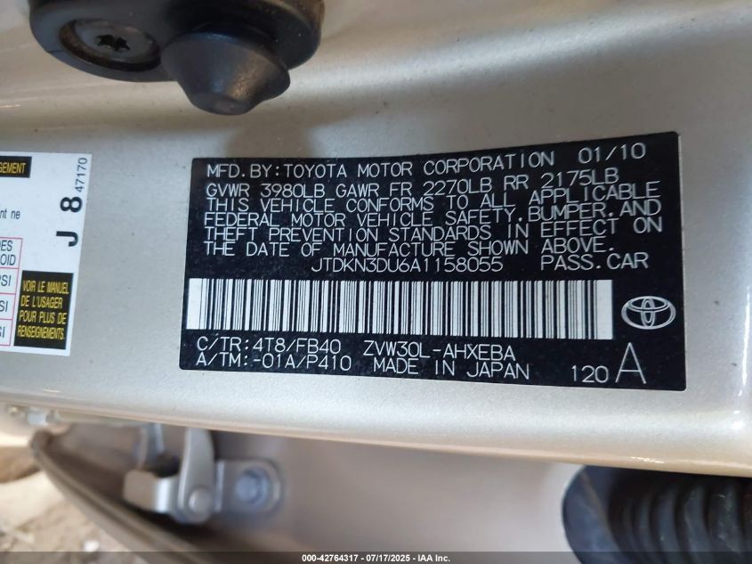 2010 Toyota Prius I/Ii/Iii/Iv/V VIN: JTDKN3DU6A115805 Lot: 42764317