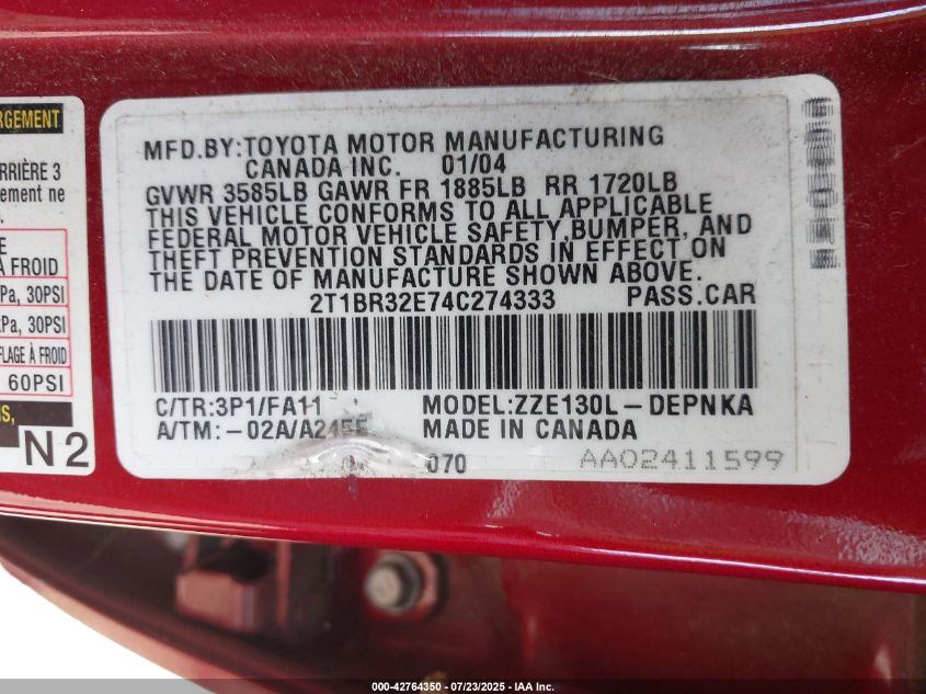 2004 Toyota Corolla Le VIN: 2T1BR32E74C274333 Lot: 42764350