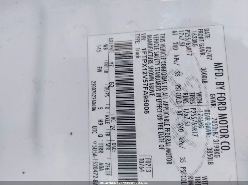 2007 Ford F-150 Lariat/Stx/Xl/Xlt VIN: 1FTPX12V57FA95008 Lot: 42764373