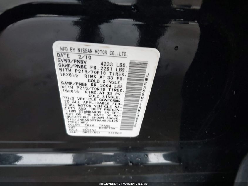 2010 Nissan Rogue S VIN: JN8AS5MT9AW505425 Lot: 42764375