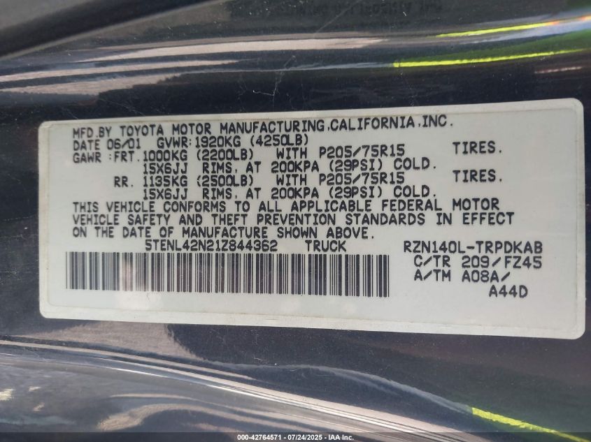 2001 Toyota Tacoma VIN: 5TENL42N21Z844362 Lot: 42764571