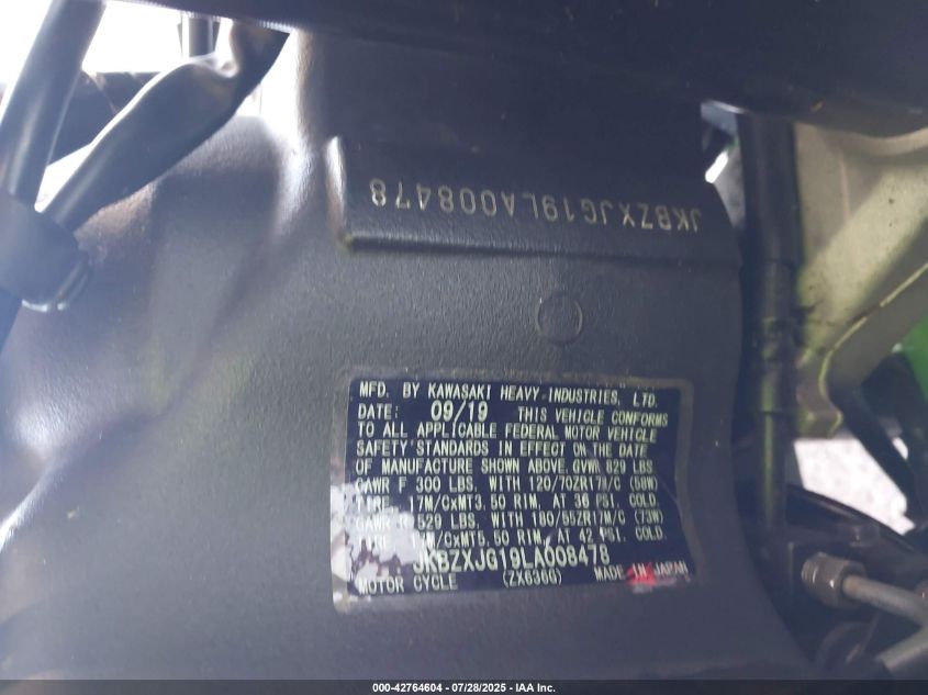 2020 Kawasaki Zx636 K VIN: JKBZXJG19LA008478 Lot: 42764604