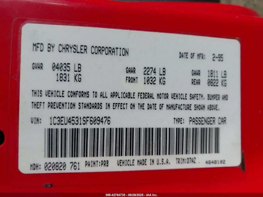 1995 Chrysler Lebaron Gtc VIN: 1C3EU4531SF609476 Lot: 42764735