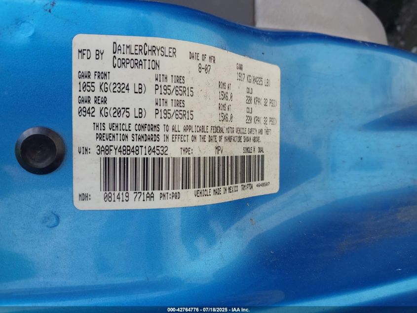 2008 Chrysler Pt Cruiser Lx VIN: 3A8FY48B48T104532 Lot: 42764776