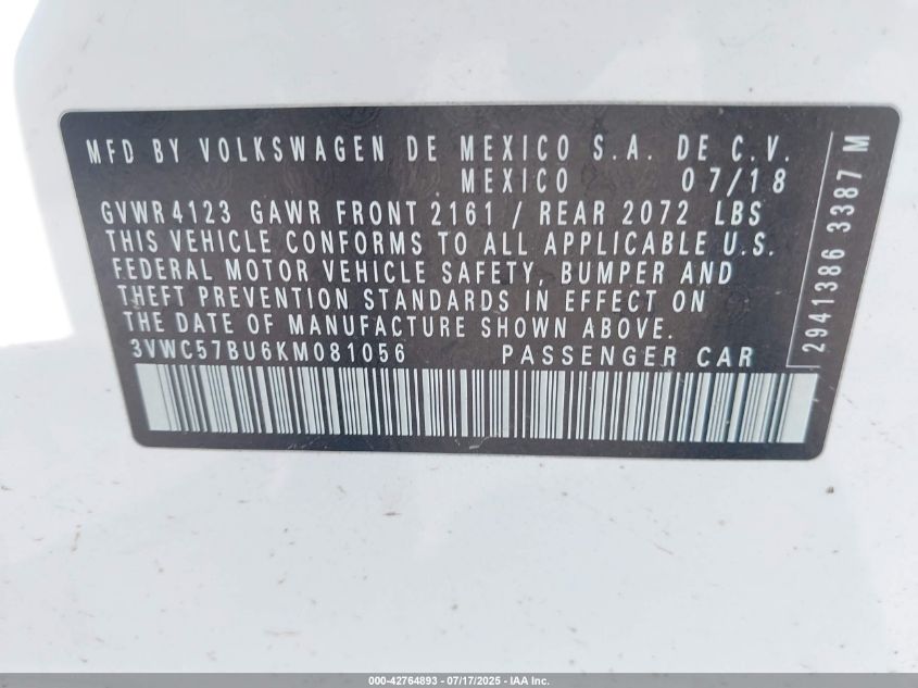 2019 Volkswagen Jetta VIN: 3VWC57BU6KM081056 Lot: 42764893