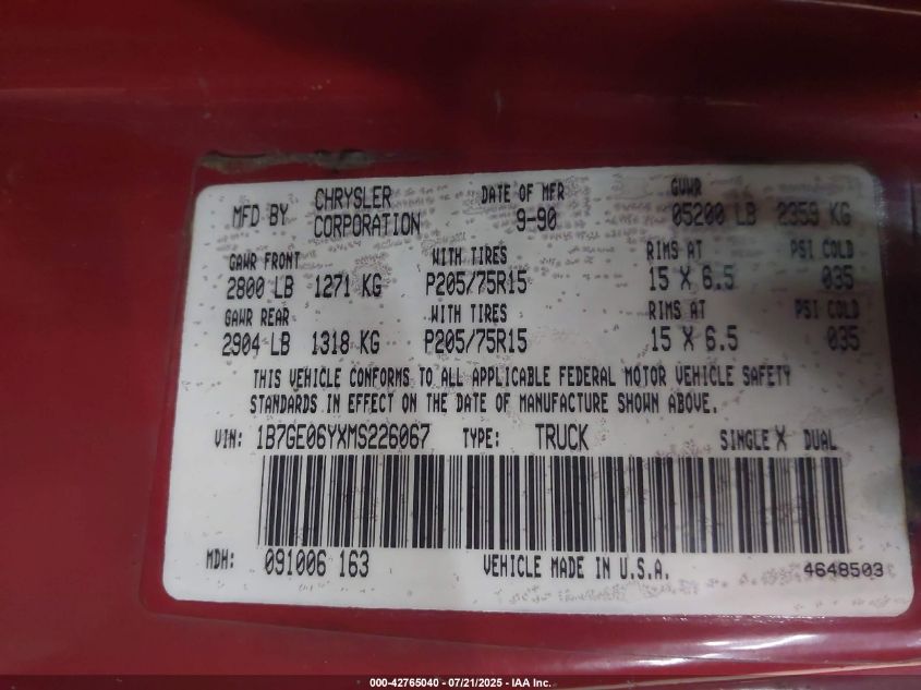 1991 Dodge D-Series D150S VIN: 1B7GE06YXMS226067 Lot: 42765040