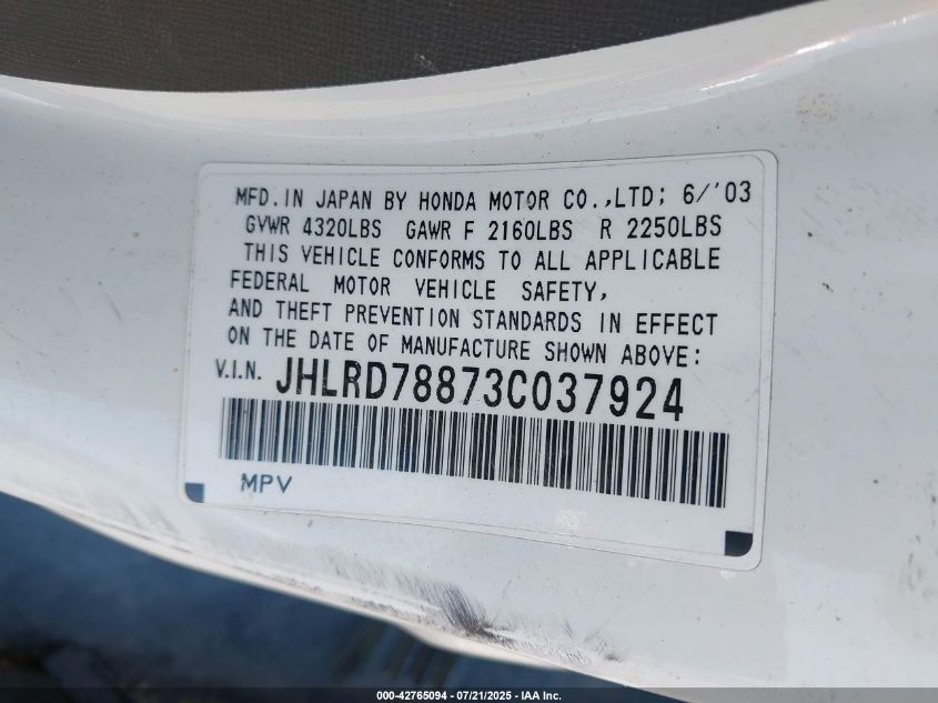 2003 Honda Cr-V Ex VIN: JHLRD78873C037924 Lot: 42765094