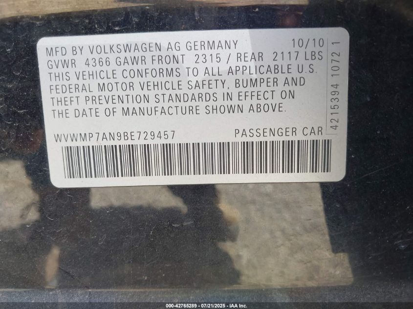 2011 Volkswagen Cc Sport VIN: WVWMP7AN9BE729457 Lot: 42765289