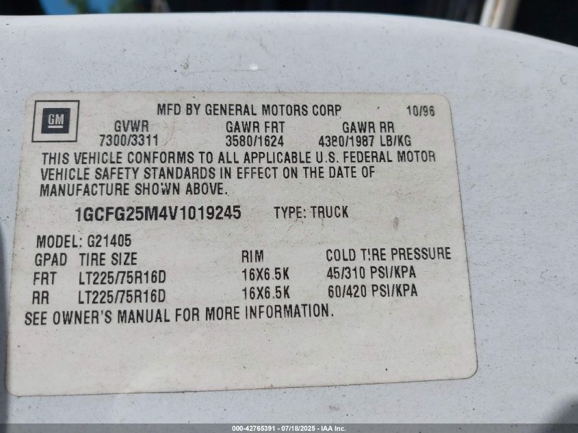 1997 Chevrolet Chevy Van VIN: 1GCFG25M4V1019245 Lot: 42765391