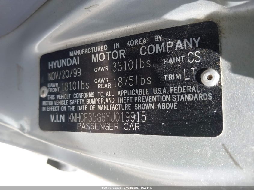 2000 Hyundai Accent L VIN: KMHCF35G6YU019915 Lot: 42765403