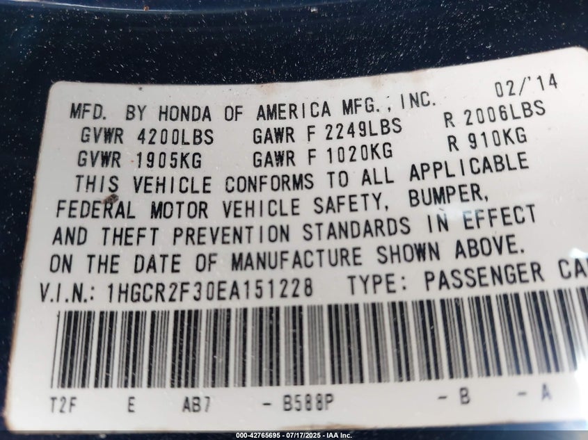 2014 HONDA ACCORD LX - 1HGCR2F30EA151228