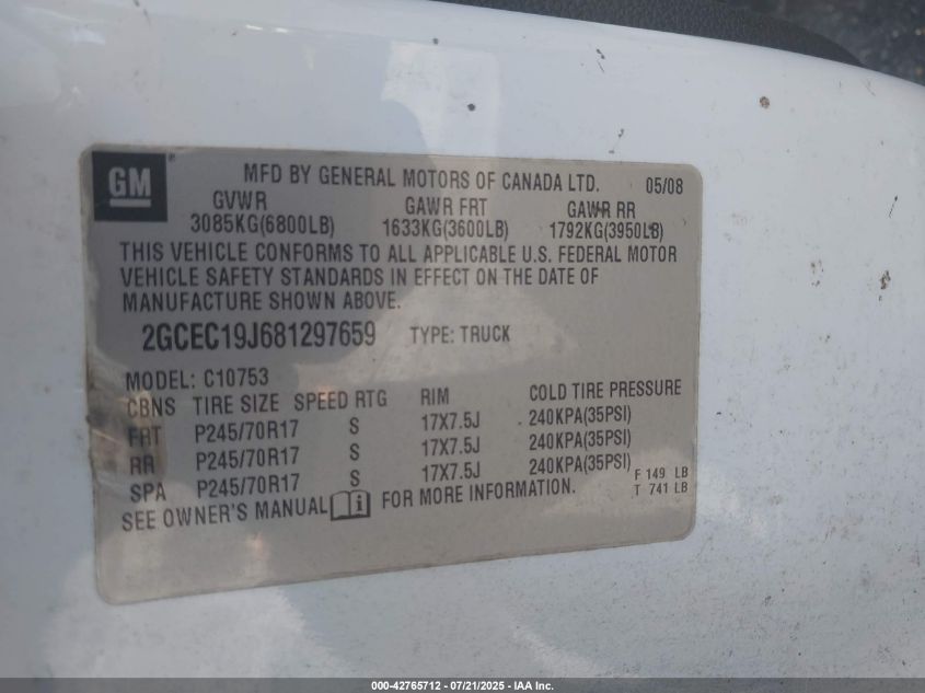 2008 Chevrolet Silverado 1500 Lt1 VIN: 2GCEC19J681297659 Lot: 42765712