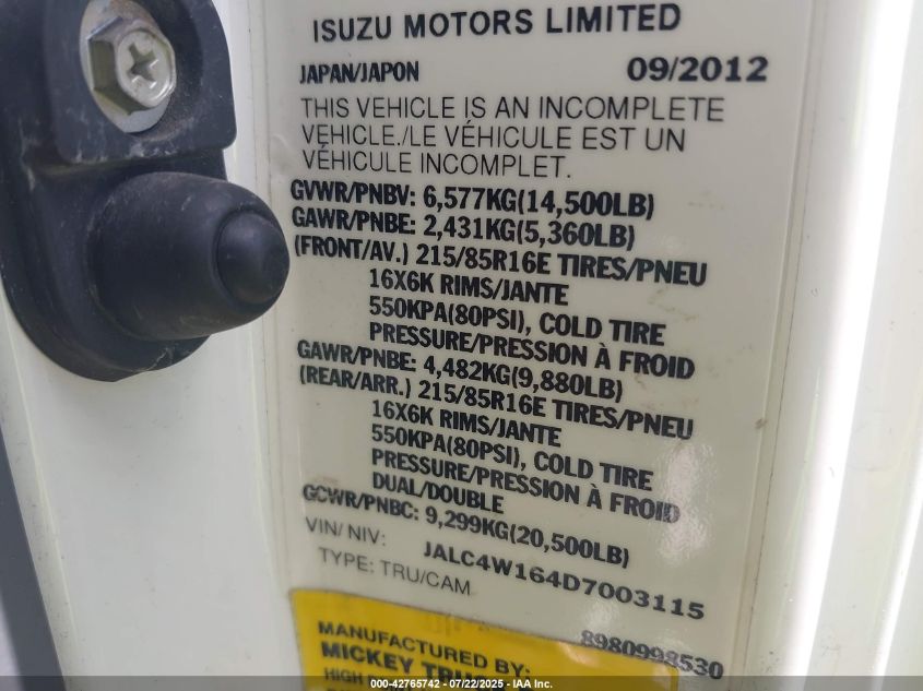 2013 Isuzu Npr Hd Dsl Reg VIN: JALC4W164D7003115 Lot: 42765742