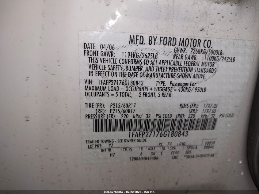 2006 Ford Five Hundred Sel VIN: 1FAFP27176G180843 Lot: 42765857