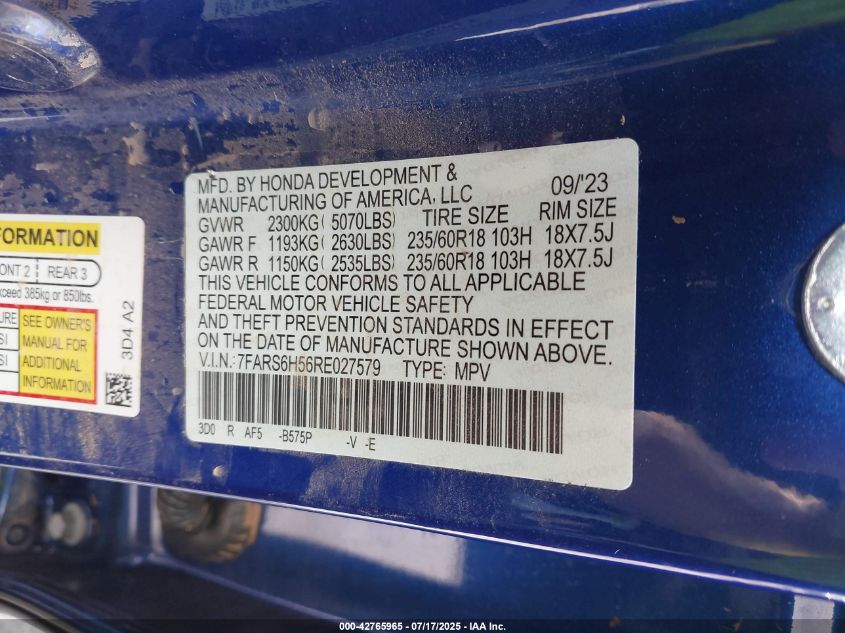 2024 Honda Cr-V Hybrid Sport VIN: 7FARS6H56RE027579 Lot: 42765965