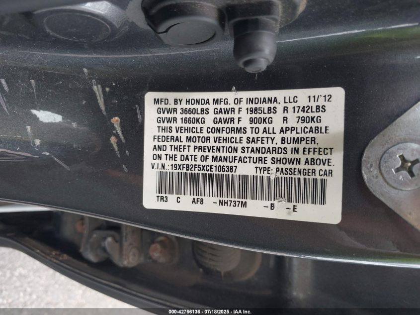 2012 Honda Civic Lx VIN: 19XFB2F5XCE106387 Lot: 42766136