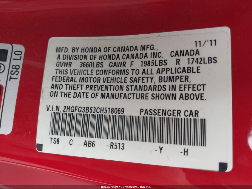 2012 Honda Civic Lx VIN: 2HGFG3B53CH518069 Lot: 42766217