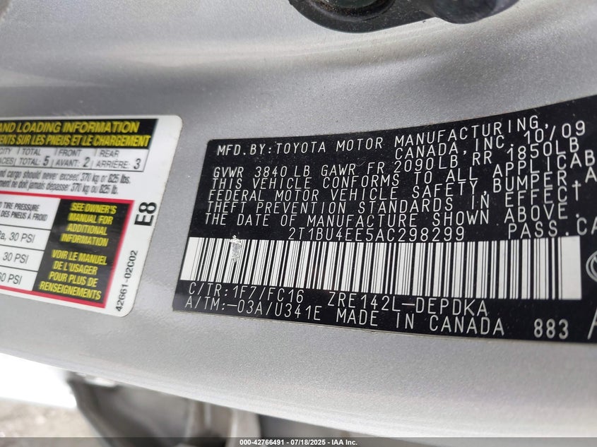 2T1BU4EE5AC298299 2010 TOYOTA COROLLA photo no. 9