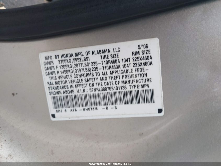 2006 Honda Odyssey Touring VIN: 5FNRL38876B101136 Lot: 42766734