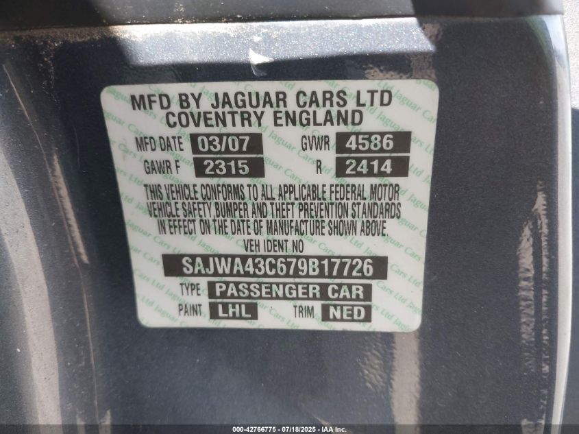 2007 Jaguar Xkr VIN: SAJWA43C679B17726 Lot: 42766775