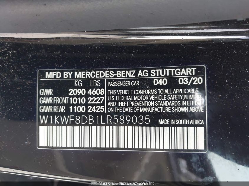 2020 Mercedes-Benz C 300 VIN: W1KWF8DB1LR589035 Lot: 42766867