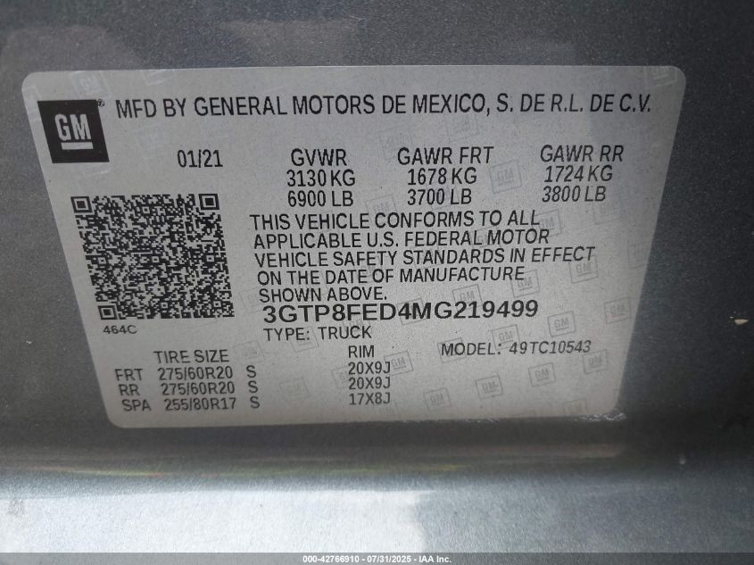 2021 GMC Sierra 1500 2Wd Short Box Denali VIN: 3GTP8FED4MG219499 Lot: 42766910