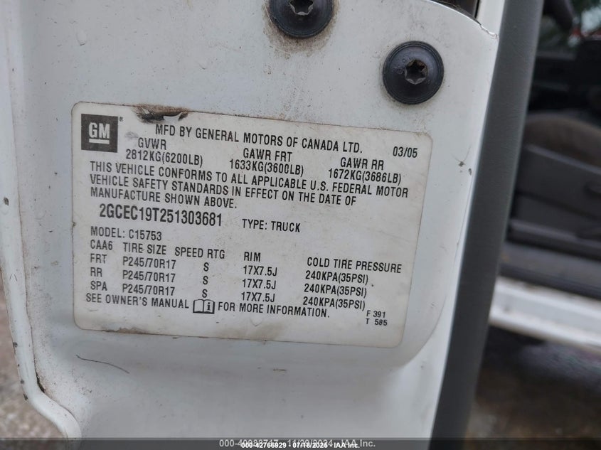 2005 Chevrolet Silverado 1500 Ls VIN: 2GCEC19T251303681 Lot: 42766929