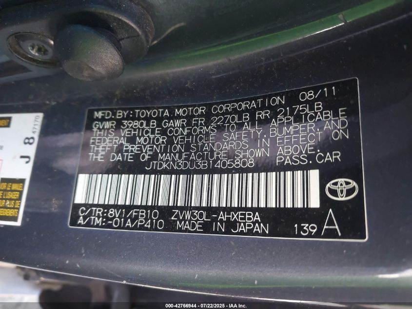 2011 Toyota Prius Two VIN: JTDKN3DU3B1405808 Lot: 42766944