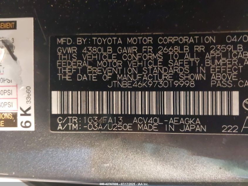 2007 Toyota Camry Xle VIN: JTNBE46K973019998 Lot: 42767006