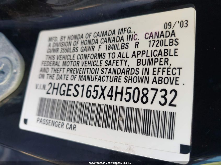 2004 Honda Civic Lx VIN: 2HGES165X4H508732 Lot: 42767043