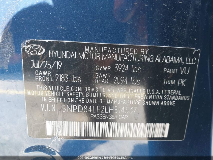 2020 Hyundai Elantra Sel VIN: 5NPD84LF2LH514537 Lot: 42767108