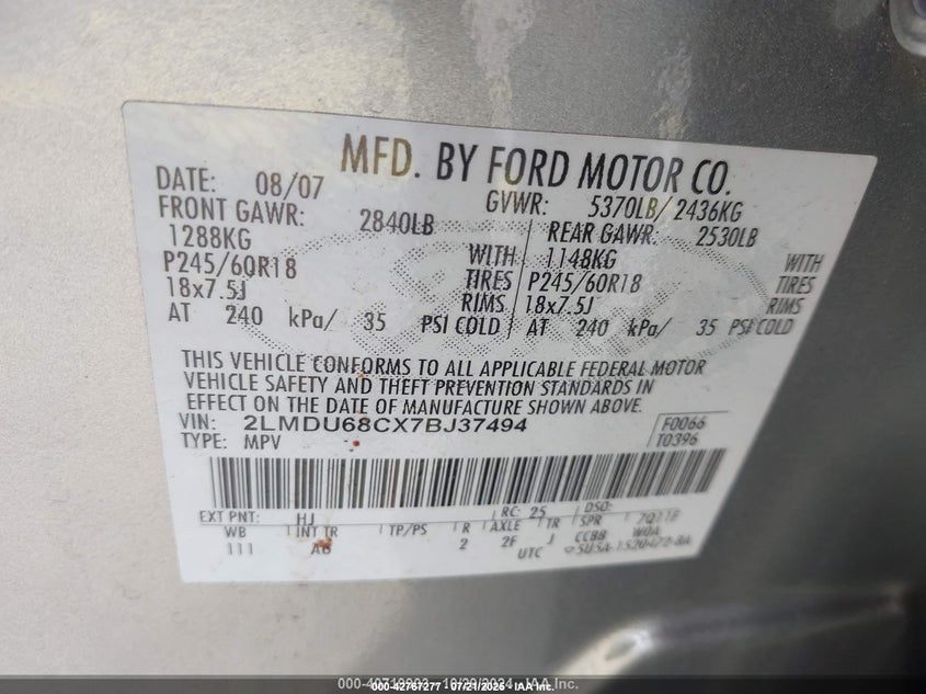 2007 Lincoln Mkx VIN: 2LMDU68CX7BJ37494 Lot: 42767277