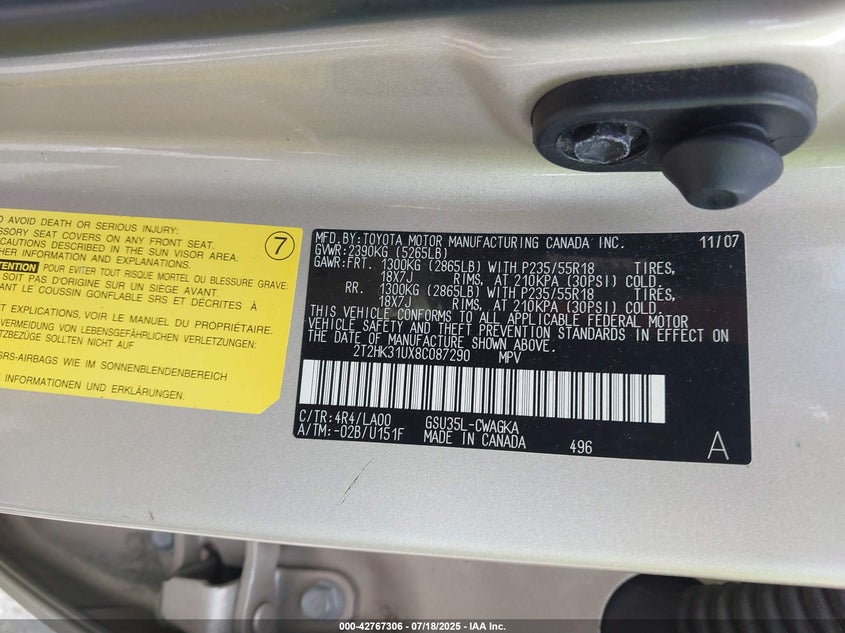 2008 Lexus Rx 350 VIN: 2T2HK31UX8C087290 Lot: 42767306