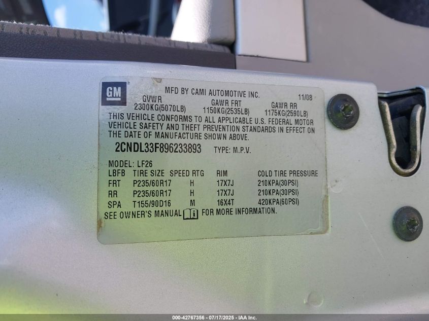 2009 Chevrolet Equinox Lt VIN: 2CNDL33F896233893 Lot: 42767356