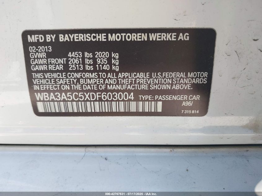 2013 BMW 328I VIN: WBA3A5C5XDF603004 Lot: 42767531