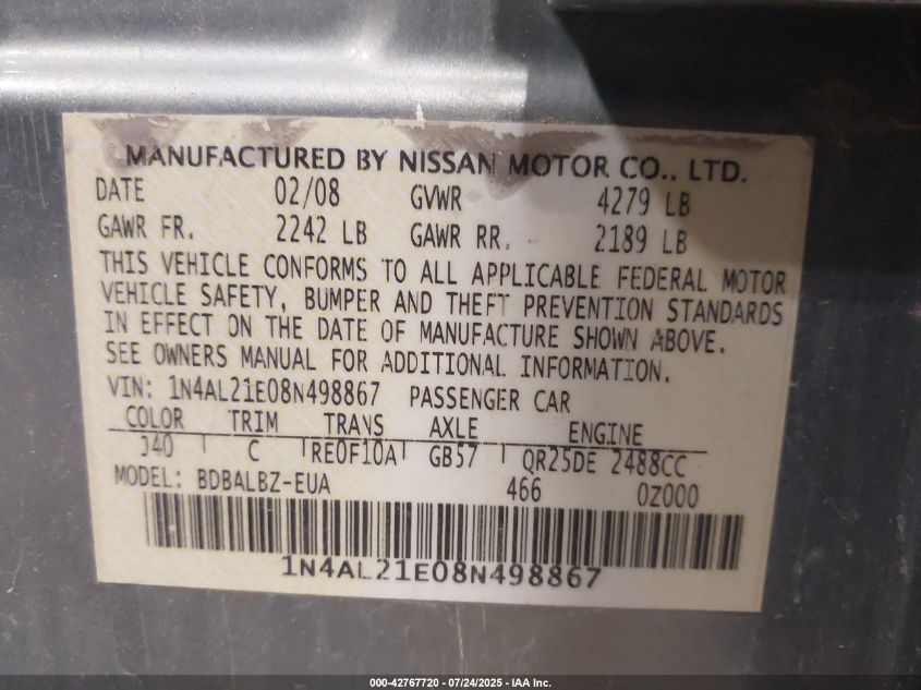 2008 Nissan Altima 2.5 S VIN: 1N4AL21E08N498867 Lot: 42767720