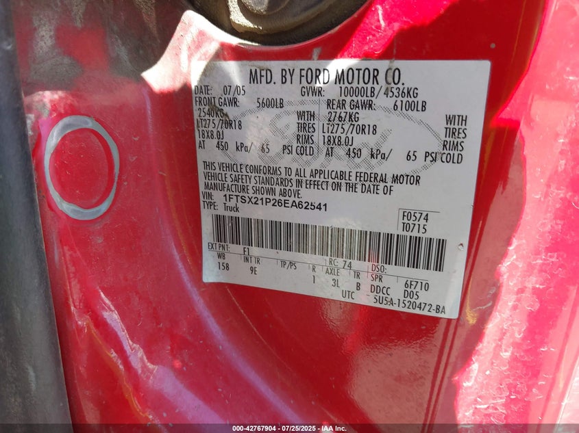 2006 Ford F-250 Lariat/Xl/Xlt VIN: 1FTSX21P26EA62541 Lot: 42767904