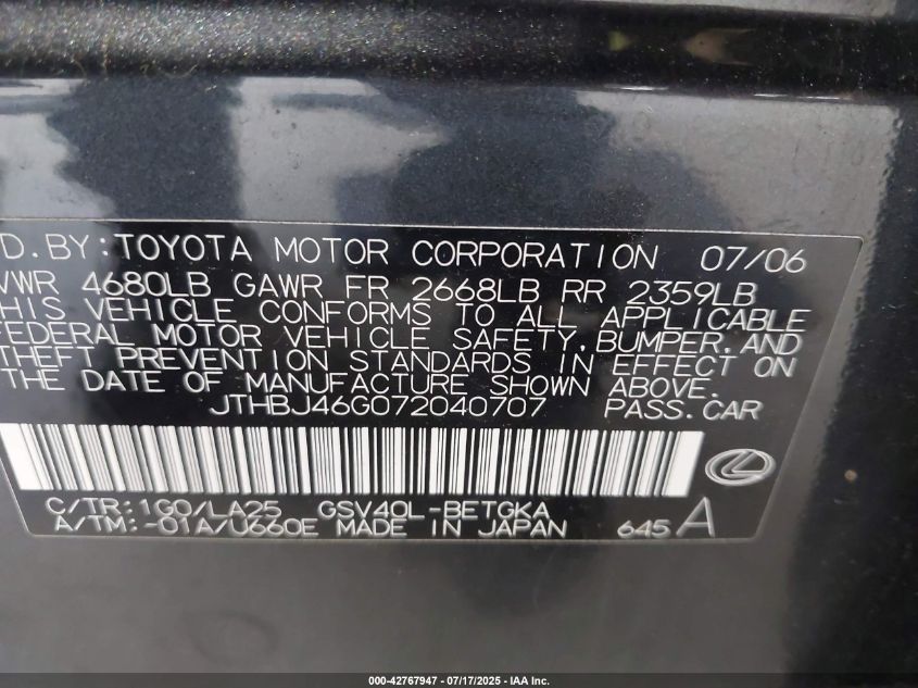 2007 Lexus Es 350 VIN: JTHBJ46G072040707 Lot: 42767947