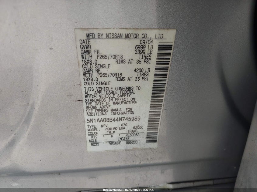 2004 Nissan Pathfinder Armada Le VIN: 5N1AA08B44N745989 Lot: 42768053