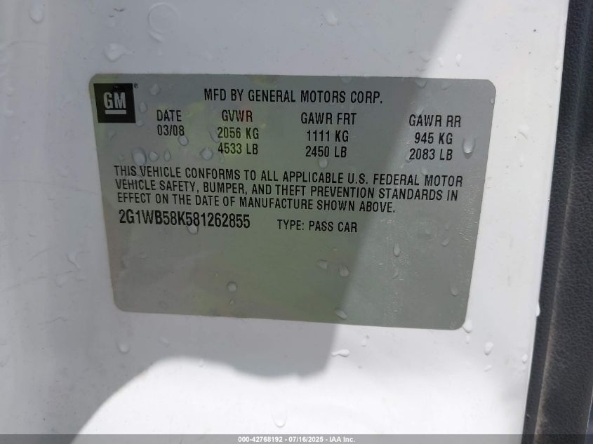 2008 Chevrolet Impala Ls VIN: 2G1WB58K581262855 Lot: 42768192