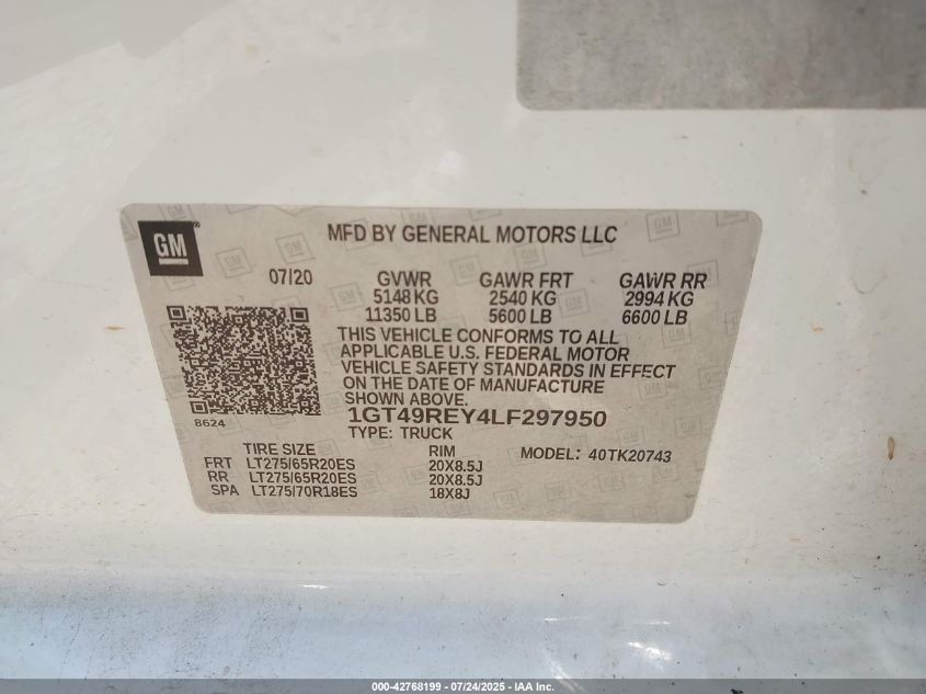 2020 GMC Sierra 2500Hd 4Wd Standard Bed Denali VIN: 1GT49REY4LF297950 Lot: 42768199