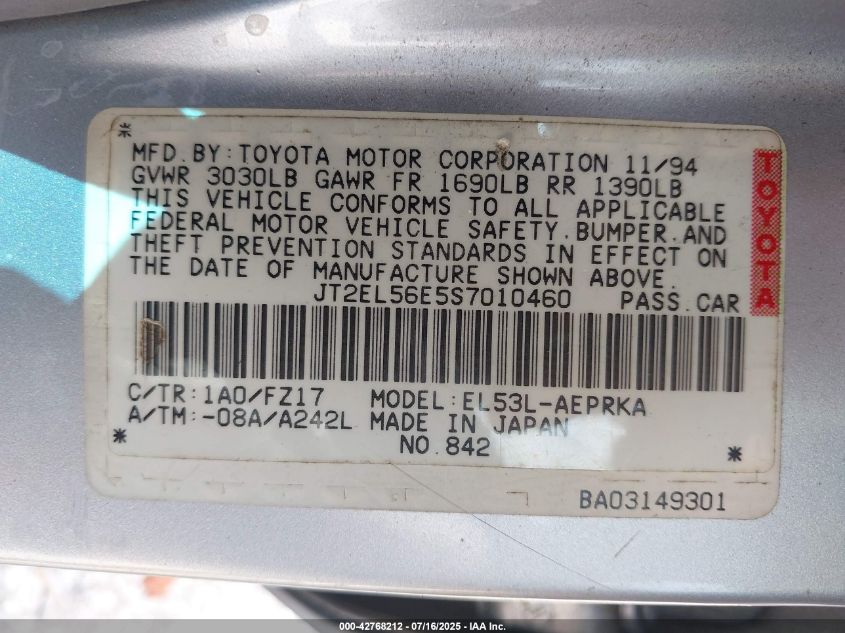 1995 Toyota Tercel Dx VIN: JT2EL56E5S7010460 Lot: 42768212