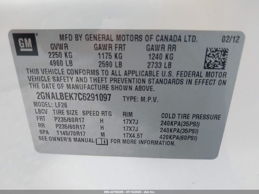 2012 Chevrolet Equinox Ls VIN: 2GNALBEK7C6291097 Lot: 42768285