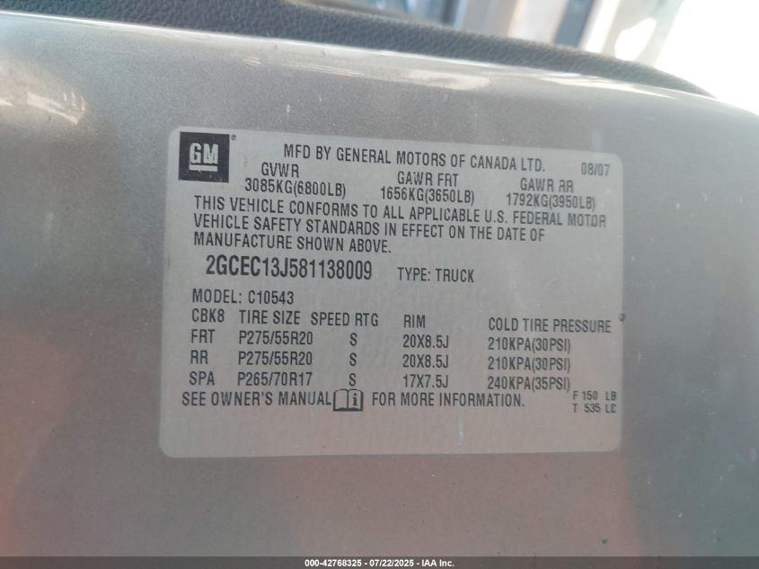 2008 Chevrolet Silverado 1500 Lt1 VIN: 2GCEC13J581138009 Lot: 42768325