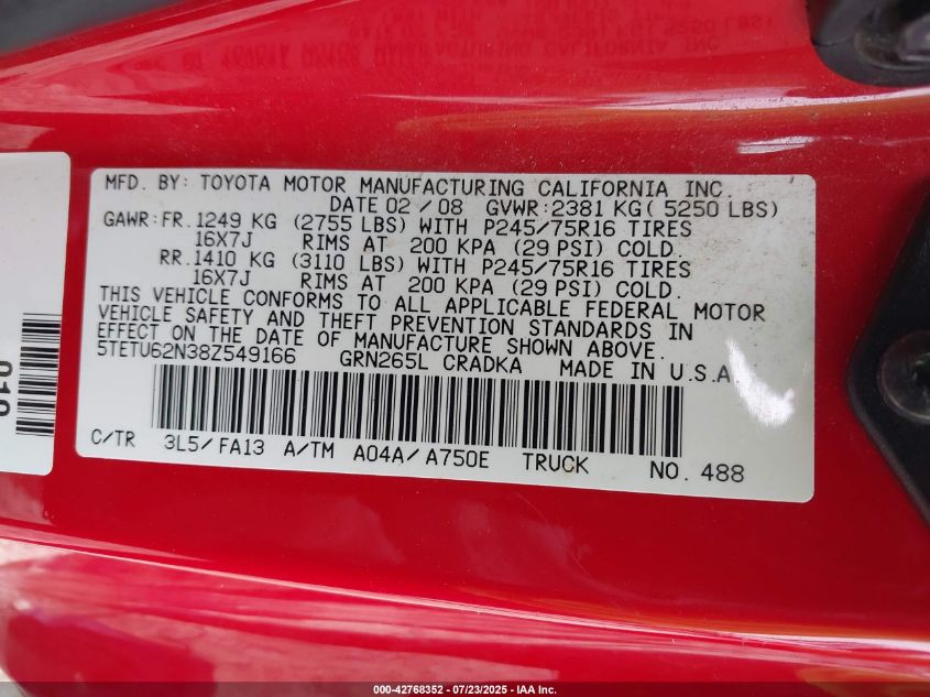2008 Toyota Tacoma Prerunner V6 VIN: 5TETU62N38Z549166 Lot: 42768352