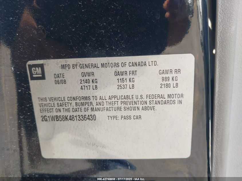 2008 Chevrolet Impala Ls VIN: 2G1WB58K481336430 Lot: 42768658