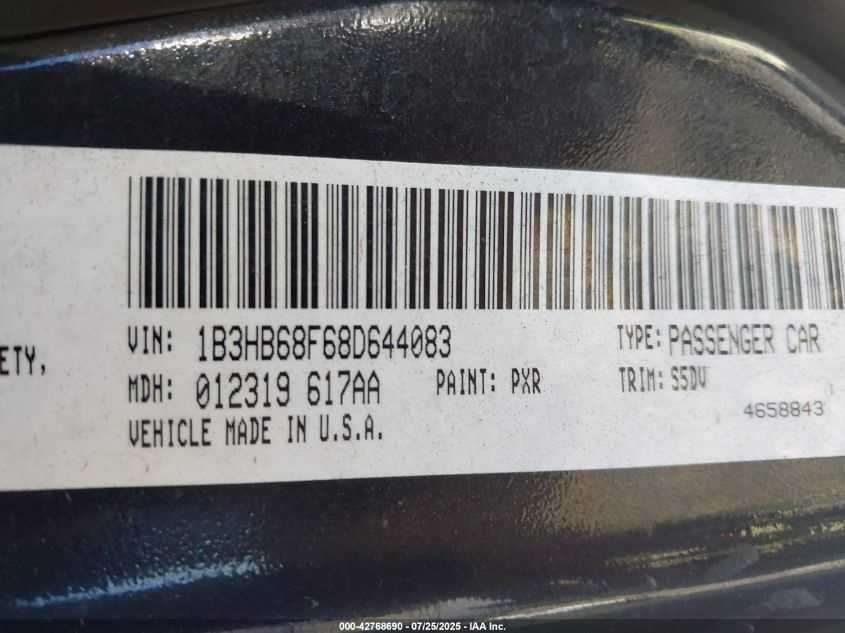 2008 Dodge Caliber Srt4 VIN: 1B3HB68F68D644083 Lot: 42768690